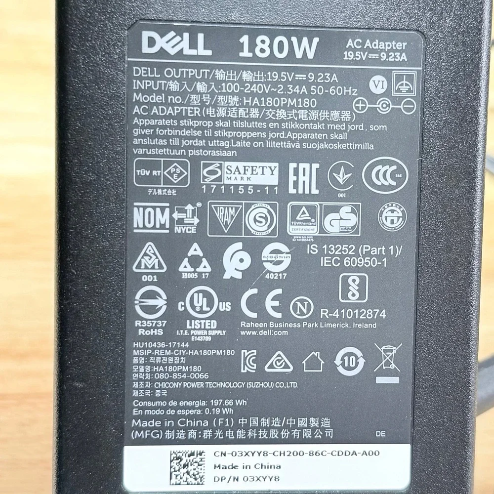 Dell 180W AC Adapter Charger 19.5V 9.23A HA180PM180 03XYY8 Laptop Power Supply
